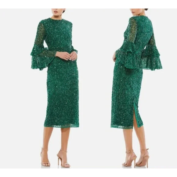 Mac Duggal Emerald Sequin Midi Dress - Picture 2 of 5